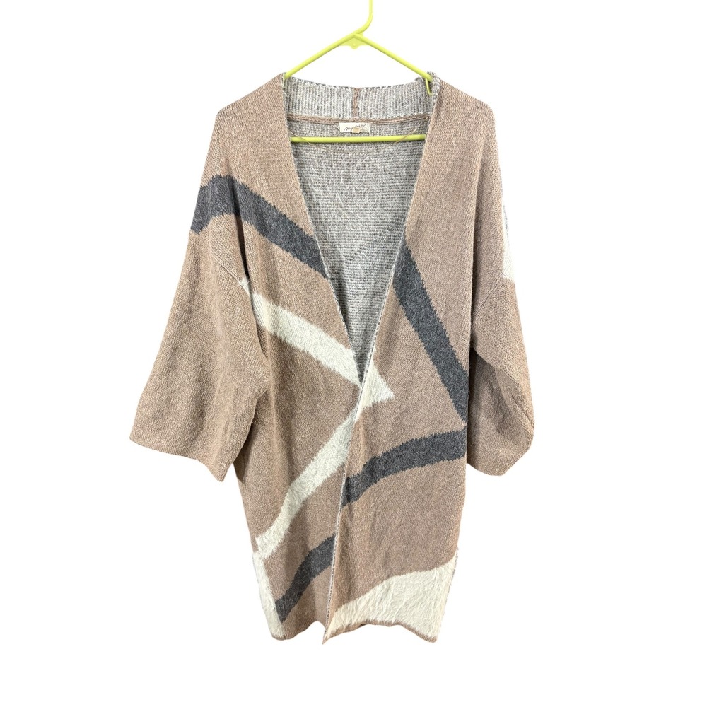 Mystree Women Tan Geometric Open Front Cardigan Sweater Size S/M Oversized Layer